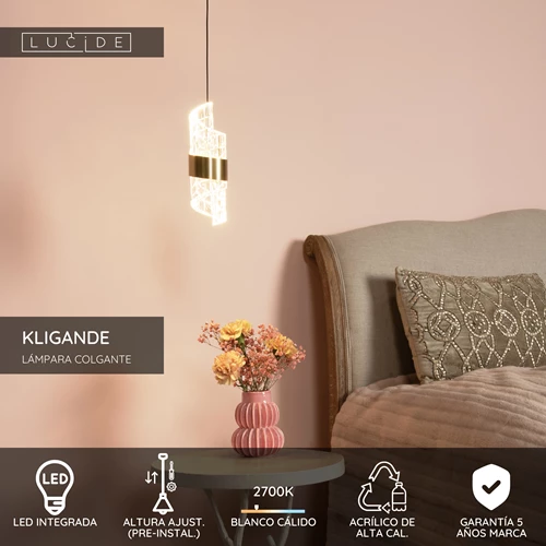 Lucide KLIGANDE - Lámpara colgante - Ø 13 cm - LED - 1x9W 2700K - Oro mate / Latón - USP